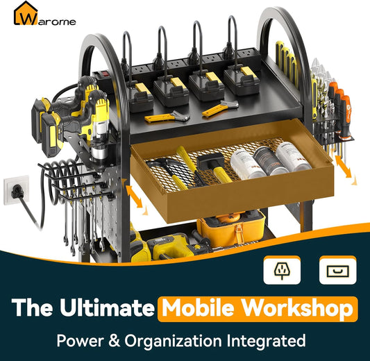 Warome Power Tool Organizer Cart, Dual-Sided Drawer Tool Storage Rack on Wheels with 8-Outlet Charging Station & Pegboard Accessaries, Utility Rolling Cart for Garage Workshop Organizers and Storage