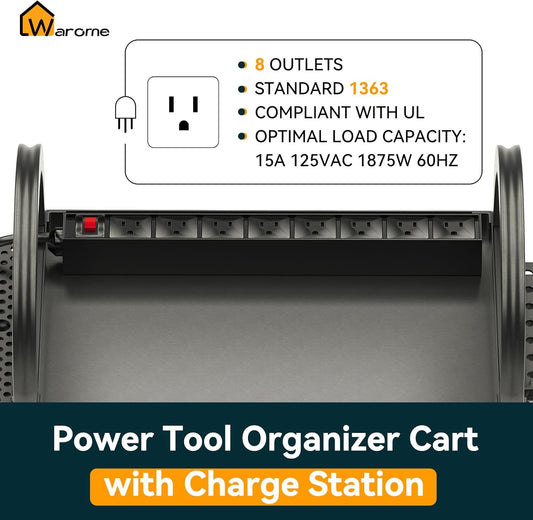 Warome Large Power Tool Organizer Cart with Charging Station, Rolling Utility Cart with 8-Outlet Movable Power Strip, Floor Standing Drill and Battery Holder,Tool Cart on Wheels for Garage Storage
