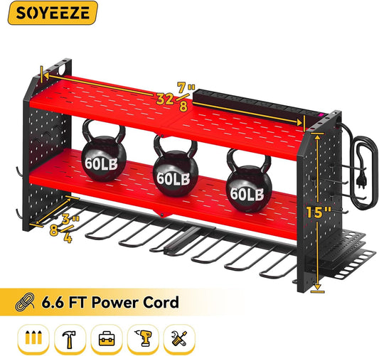 SOYEEZE Large Power Tool Organizer Wall Mount with Charging Station, 3 Layer Heavy Duty Metal Tool Storage Rack with 8 Drill Holder, Tool Holder Built in 8 Outlet Power Strip-Red