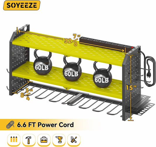 SOYEEZE Large Power Tool Organizer Wall Mount with Charging Station, 3 Layer Heavy Duty Metal Tool Storage Rack with 8 Drill Holder, Tool Holder Built in 8 Outlet Power Strip (Green)