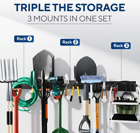 Heavy-Duty Wall Mount Garden Tool Organizer Rack, Black Metal, Multi-Hook Storage System